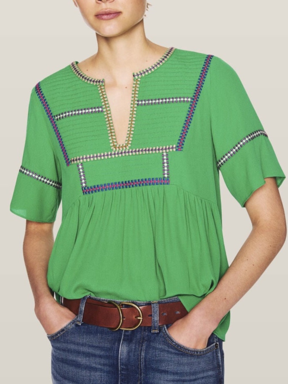 ba&sh Emerald Green Embroidered V-Neck Tunic